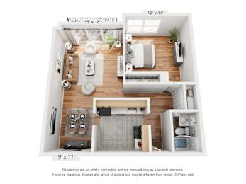 A 3D floor plan of a small apartment with a kitchen, living room, and bathroom.