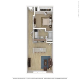 a stylized floor plan with a bedroom and a living room