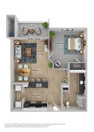 A floor plan of a small apartment with a living room, kitchen, bathroom, and two bedrooms.