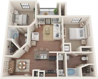A top-down view of a two-story apartment with a living room, kitchen, and bedrooms.