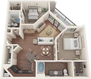 A detailed 3D floor plan of a small apartment with a living room, kitchen, and bathroom.