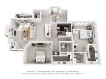 A 3D floor plan of a house with a kitchen, living room, and bedrooms.