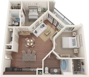 A top-down view of a small apartment with a living room, kitchen, and bathroom.