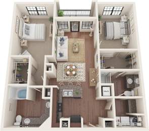A top-down view of a small apartment with a kitchen, living room, and bedrooms.
