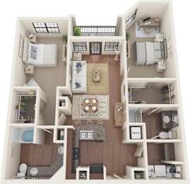 A top-down view of a small apartment with a kitchen, living room, and bedrooms.