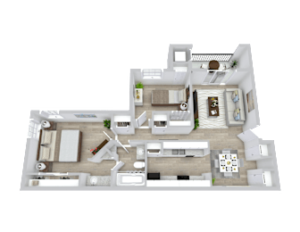 A 3D floor plan of a house with multiple rooms and furniture.