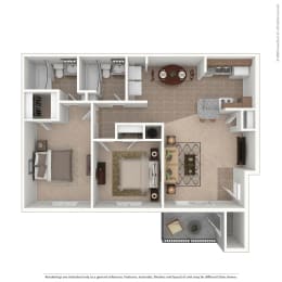 a stylized floor plan with a bedroom and living room