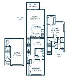 a floor plan of a three story house with three bedrooms and a garage