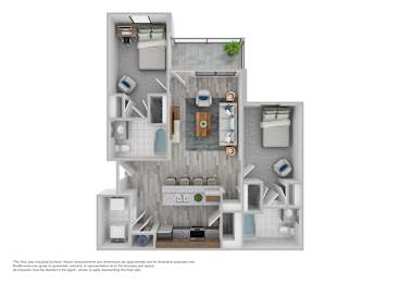 A floor plan of a house with a kitchen, living room, and two bedrooms.