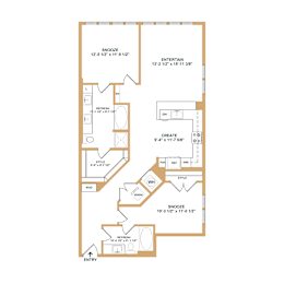 A floor plan of a house with rooms labeled, including a bathroom, a bedroom, and an entertainment area.