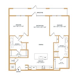 A floor plan of a house with a dining area, bathrooms, and bedrooms.