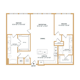 A floor plan of a house with a snooze area, dining area, and a bathroom.