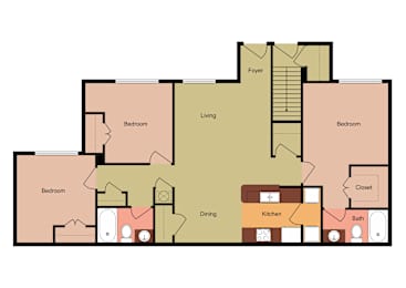 A floor plan of a house with a living room, dining room, kitchen, and four bedrooms.