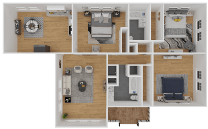 3d floor plan of a bedroom with a living room and a dining room