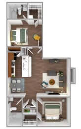 a stylized floor plan of a 1 bedroom apartment