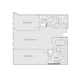 A floor plan of a house with three bedrooms, a living room, a kitchen, and two bathrooms.