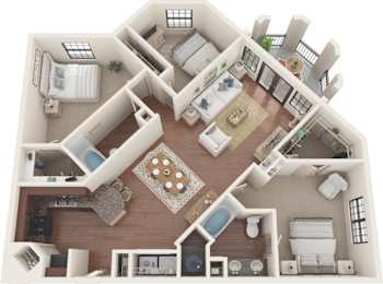 A top-down view of a house interior with a kitchen, living room, and bathroom.