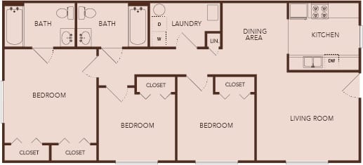 A floor plan of a house with three bedrooms, two bathrooms, a laundry room, a dining area, a kitchen, and a living room.
