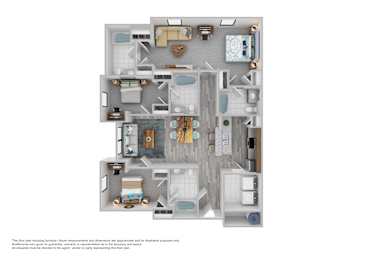 A floor plan of a house with a kitchen, living room, and bathrooms.