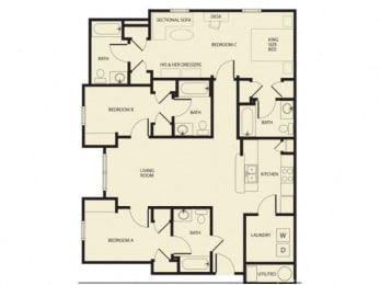 the floor plan of a bedroom apartment