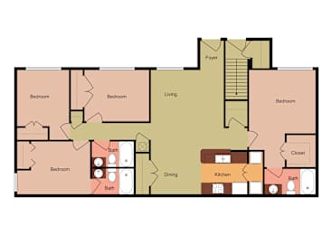 A floor plan of a house with a foyer, living room, dining room, kitchen, and four bedrooms.