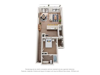 A 3D floor plan of a small apartment with a kitchen, living room, and bathroom.