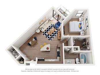 A 3D floor plan of a house with a kitchen, living room, and bedrooms.