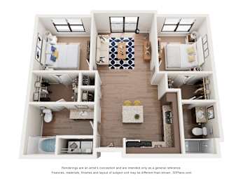 A 3D floor plan of a house with a kitchen, living room, and bedrooms.