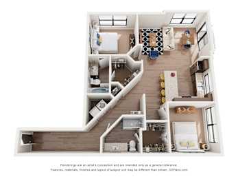 A 3D floor plan of a house with a kitchen, living room, and bathroom.