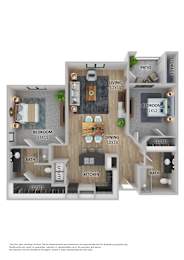 A 3D rendered image of a house layout with labeled rooms.