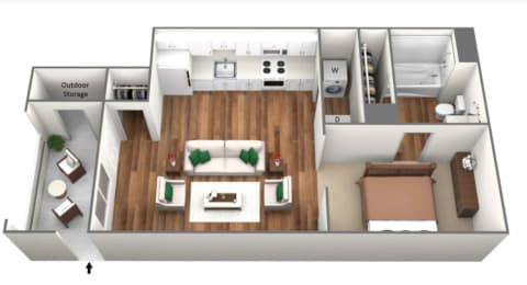 the 1122 sqft floor plan with bedroom and living room