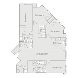A floor plan of a house with three bedrooms, a living room, a kitchen, and two bathrooms.
