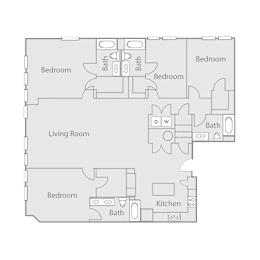A floor plan of a house with four bedrooms, a living room, a kitchen, and two bathrooms.