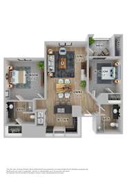 A floor plan of a two-bedroom apartment with a living room, kitchen, dining room, and bathroom.
