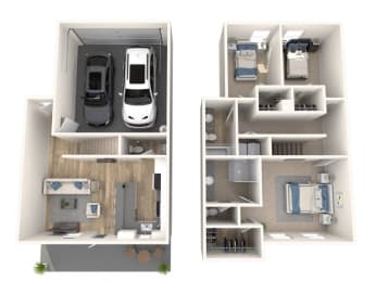 two views of a house and a car in a floor plan