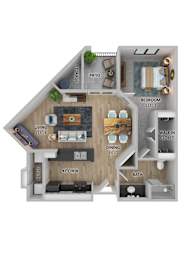 A 3D floor plan of a small apartment with a living room, kitchen, bathroom, and bedroom.