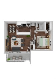 a stylized floor plan with a bedroom and a living room