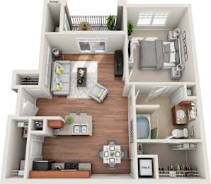 A 3D floor plan of a small apartment with a living room, kitchen, and bedroom.
