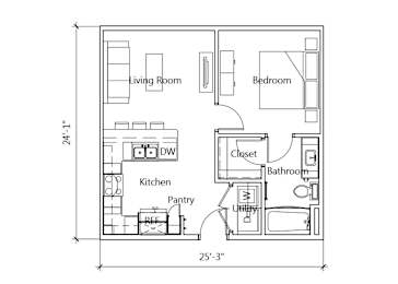 A floor plan of a small apartment with a living room, kitchen, pantry, bathroom, and bedroom.