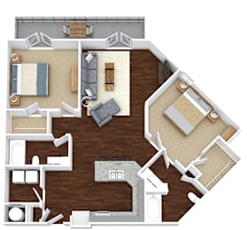 A top-down view of a house layout with a kitchen, living room, and bathroom.
