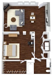 A top-down view of a living room, kitchen, and bathroom layout.