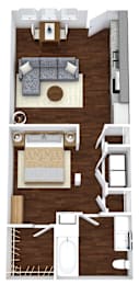 A top-down view of a living room with a couch, a coffee table, and a rug.