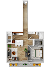 A floor plan of a house with a kitchen, living room, and bathroom.