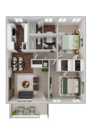 a stylized floor plan with a bedroom and a living room