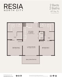 A floor plan for a 2 bedroom, 2 bathroom apartment in Resia North City.