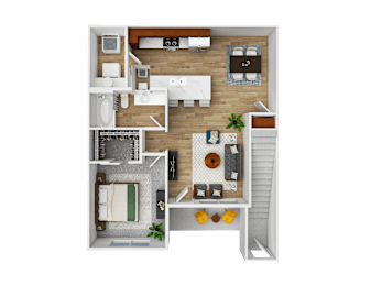A top-down view of a small apartment with a kitchen, living room, and bathroom.