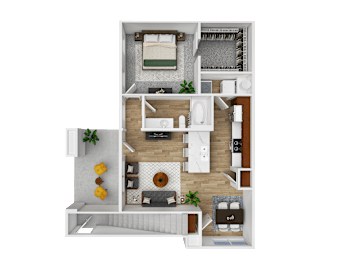 A 3D floor plan of a small apartment with a living room, kitchen, and bathroom.