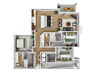 A detailed 3D floor plan of a house layout.