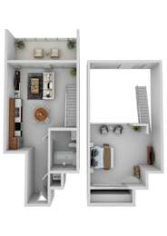 a stylized floor plan with a bedroom and a living room