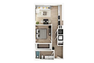 A top-down view of a small apartment with a kitchen, living room, and bathroom.